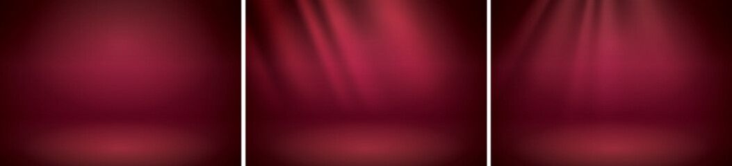 Red studio scene background set. Neutral red background with soft rays. Soft studio lighting. Photostudio soft box lighting.
