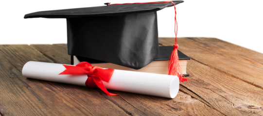 Diploma, books with black graduation hat