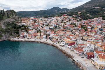 Parga, Greece. Aerial drone view of traditional Ionian coast city buildings and the Castle