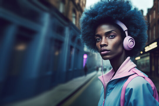 Generative AI illustration of black woman listening to music