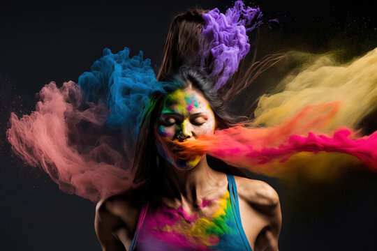 Generative AI illustration of Hispanic woman exhaling colorful smoke