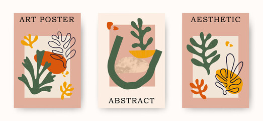 Vector modern set of abstract contemporary aesthetic posters with geometric balance shapes, stones, plant corals. Trendy mid century modern art illustrations, prints, boho minimalistic wall decor