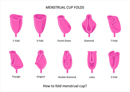 Pink menstrual cup folding methods. How to fold menstrual cup. Zero waste concept. Vector illustration in flat cartoon style