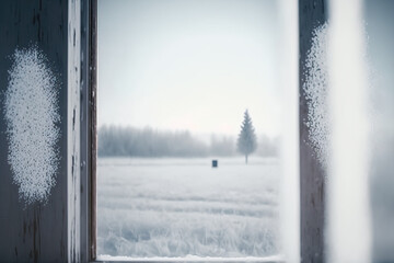 view through a wooden frame on a snowy field