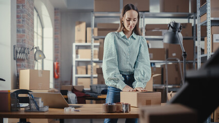 Small Business Owner Packaging a Stylish Yellow Coat Seat Sold to a Client Online. Preparing a Small Cardboard Box for Postage. Beautiful Female Inventory Manager Working in Warehouse Facility.