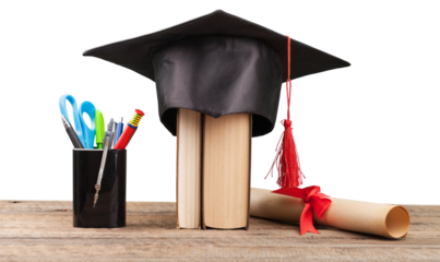 Black graduation cap with books and diploma on desk