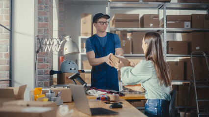 Online Store Inventory Manager Using Laptop Computer, Preparing a Small Parcel for Postage. Young Happy Delivery Service Worker Comes to Pick Up the Parcel from Small Business Owner.