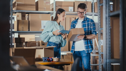 Female Sales Manager Using Tablet Computer, Talking to a Worker Holding a Cardboard Package, They Discuss Work and Smile. Warehouse with Parcels Ready for Shipment in the Background.