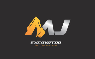 MJ logo excavator for construction company. Heavy equipment template vector illustration for your brand.