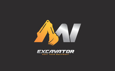 MI logo excavator for construction company. Heavy equipment template vector illustration for your brand.