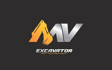 MV logo excavator for construction company. Heavy equipment template vector illustration for your brand.