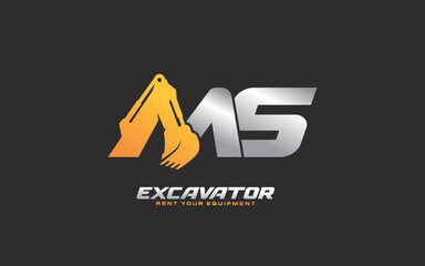 MS logo excavator for construction company. Heavy equipment template vector illustration for your brand.