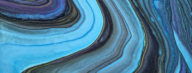 Abstract fluid art background blue and black glitter colors. Liquid marble. Acrylic painting with turquoise gradient.