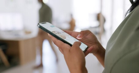 Hands, phone and business woman in office for research, internet browsing or social media. Tech, cellphone and female employee with mobile smartphone on website, app or web scrolling in workplace. - Powered by Adobe