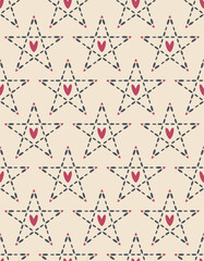 Stars geometical grid seamless pattern. Abstract backround, stitch dash ink line, heart in colors of grey, red magenta. White yellow backdrop
