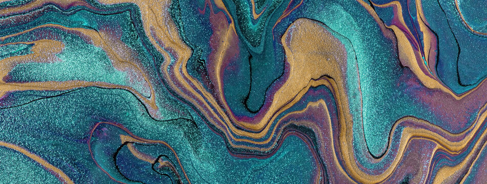 Abstract fluid art background turquoise and golden colors. Liquid marble. Acrylic painting with purple lines