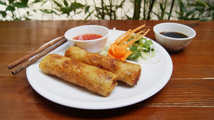 Fried Vietnamese nem stuffed with meat. Chả gi&ograve;, also known as nem r&aacute;n, is a popular dish in Vietnamese cuisine that is usually served as an appetizer.