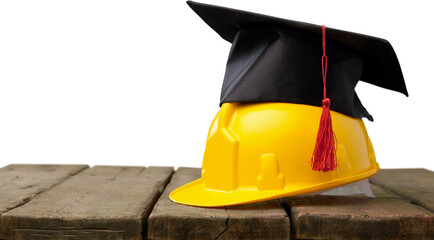 Yellow worker helmet with graduation hat on the desk