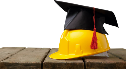 Yellow worker helmet with graduation hat on the desk