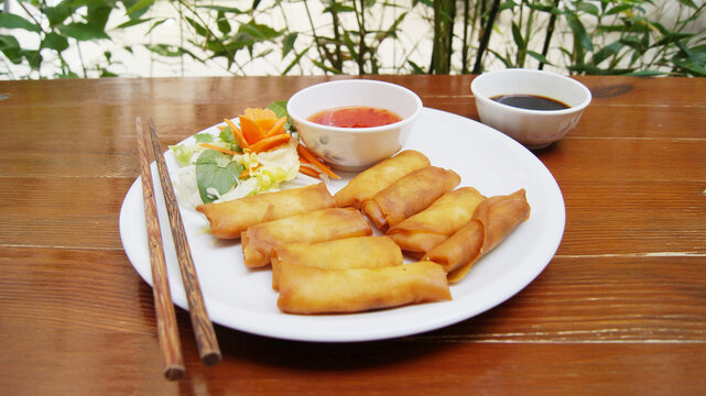 Fried Vietnamese nem stuffed with meat. Chả gi&ograve;, also known as nem r&aacute;n, is a popular dish in Vietnamese cuisine that is usually served as an appetizer.
