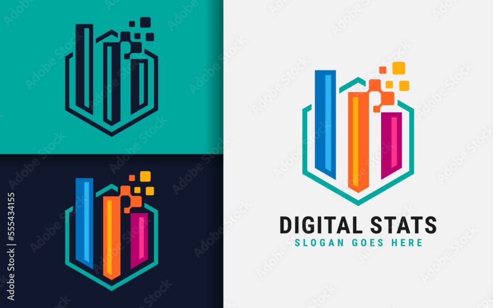 Poster digital statistic logo design with hexagon frame combination. tech business vector logo illustration