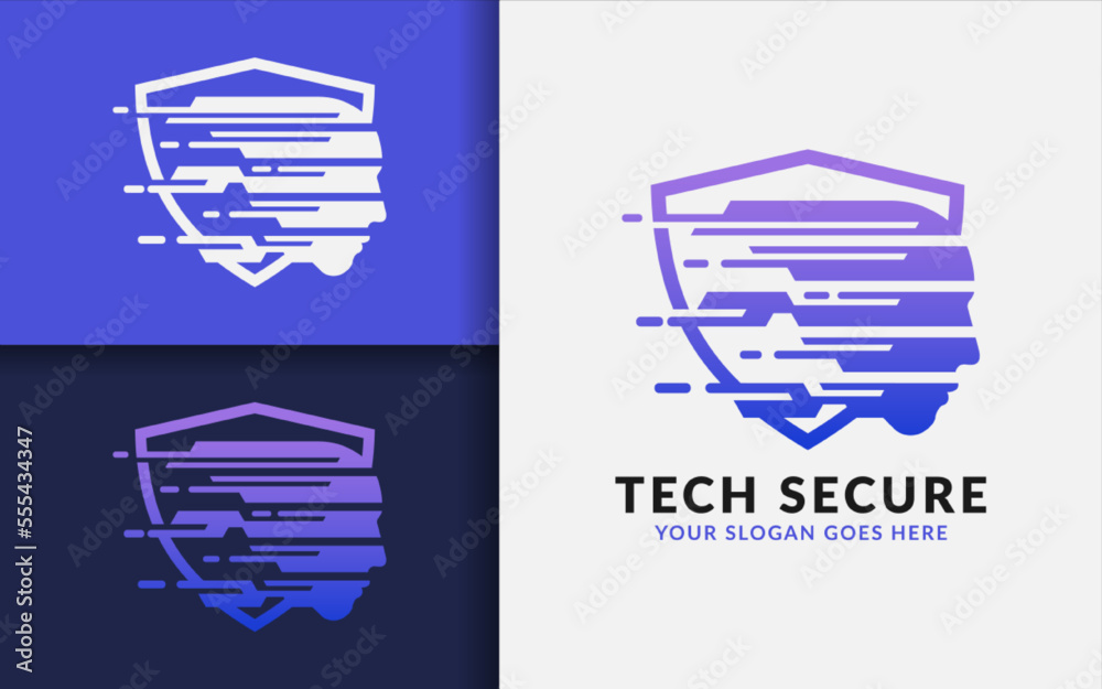 Poster tech secure logo design. abstract shield combined with digital human face logo concept.