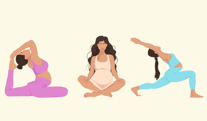 Obraz na płótnie Canvas Yoga set.Pregnant woman doing prenatal yoga.Pregnancy health concept. Illustration for yoga, meditation, relax and healthy lifestyle. Vector flat illustration