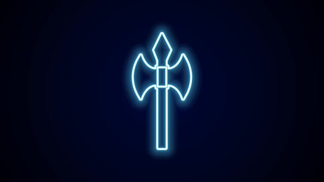 Glowing neon line Medieval axe icon isolated on black background. Battle axe, executioner axe. Medieval weapon. 4K Video motion graphic animation