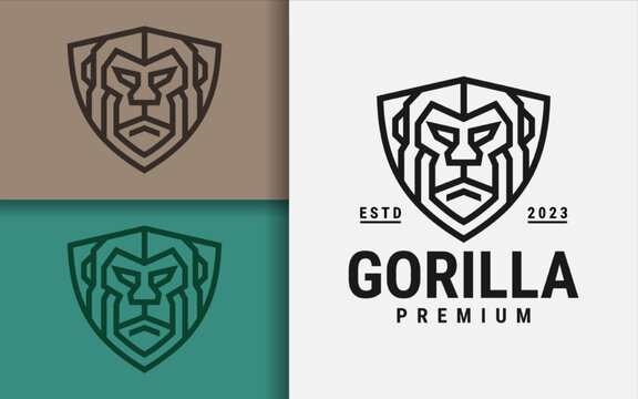 Black Gorilla Logo Design with Modern Lines and Shield Combination Concept.Black Gorilla Logo Design with Modern Lines and Shield Combination Concept.