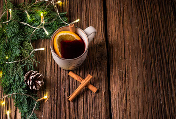 hot drink on wooden table Christmas time