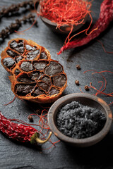 Organic Fermented Black Garlic with  Himalayan black rock salt  and chili threads