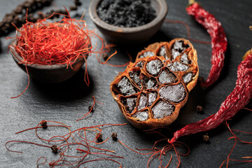 Organic Fermented Black Garlic with  Himalayan black rock salt  and chili threads