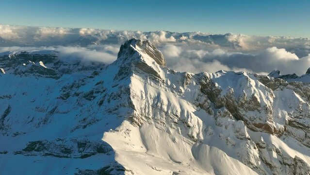 Aerial View of the Mountain Seantis in the Swiss Alps, Switzerland. Santis at sunset.