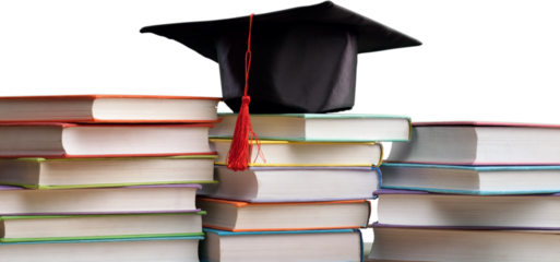 Stack school books with a black graduation hat