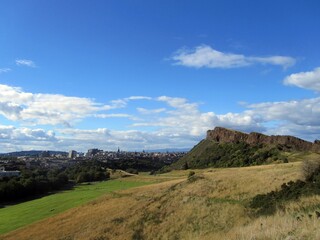 Edinburgh from Holyrood Park, with Salisbury Crags on the right.