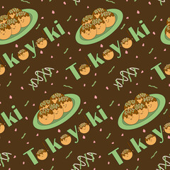 Asian dish - takoyaki. Octopus balls. Japanese kitchen. Cute character. Seamless doodle illustration. Fabric design, wrapping paper or background. Vector
