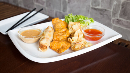 Fried wan tan dumplings. Won ton is a very thin and stuffed dough that is very common in Chinese cuisine.