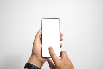 Male hand holding white screen phone