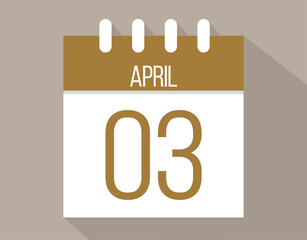 3 April calendar page. Vector icon of calendar page for April days. Brown color with shadow effect