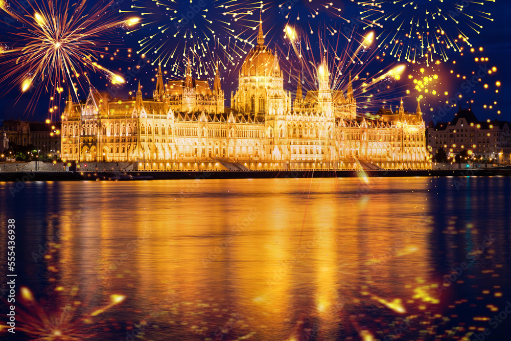 Sticker fireworks display over Budapest happy new year