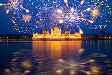 Naklejka na ściany i meble fireworks display over Budapest happy new year