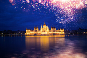 Fototapeta na wymiar fireworks display over Budapest happy new year