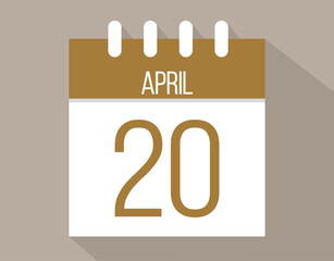 20 April calendar page. Vector icon of calendar page for April days. Brown color with shadow effect