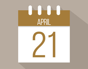 21 April calendar page. Vector icon of calendar page for April days. Brown color with shadow effect