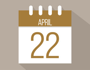 22 April calendar page. Vector icon of calendar page for April days. Brown color with shadow effect