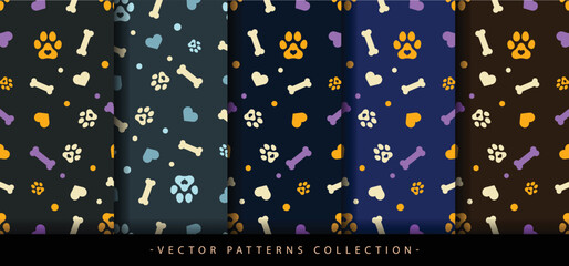 Colorful pet dog seamless pattern bone, food and polka dot with cute heart cat and dog paw pet scarf isolated prints pattern background