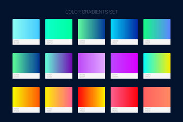 2024Trendy gradient swatches. Collection palettes of gradient swatches for business infographic, mobile app, flat web design, backgrounds. Set of multicolored gradients. Vector Illustration