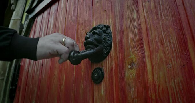 Wrought iron door handle in the shape of a lion's head knocking on the door. Hobbit Round Door.