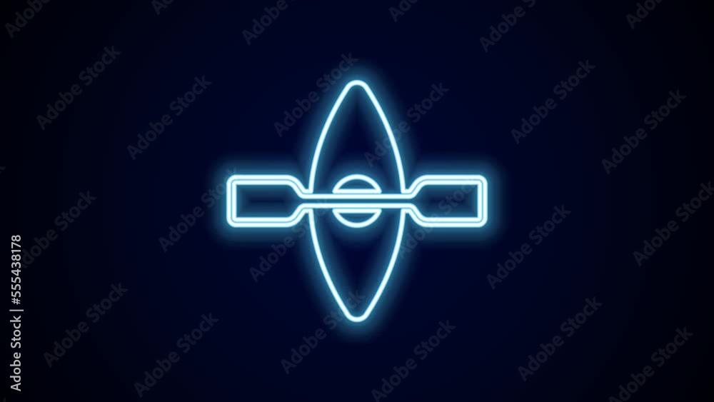 Sticker glowing neon line kayak and paddle icon isolated on black background. kayak and canoe for fishing an