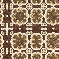 Mosaic geometric dark brown seamless texture pattern. Trendy kaleidoscope woven design for printed fabric. Rough abstract textile design. 